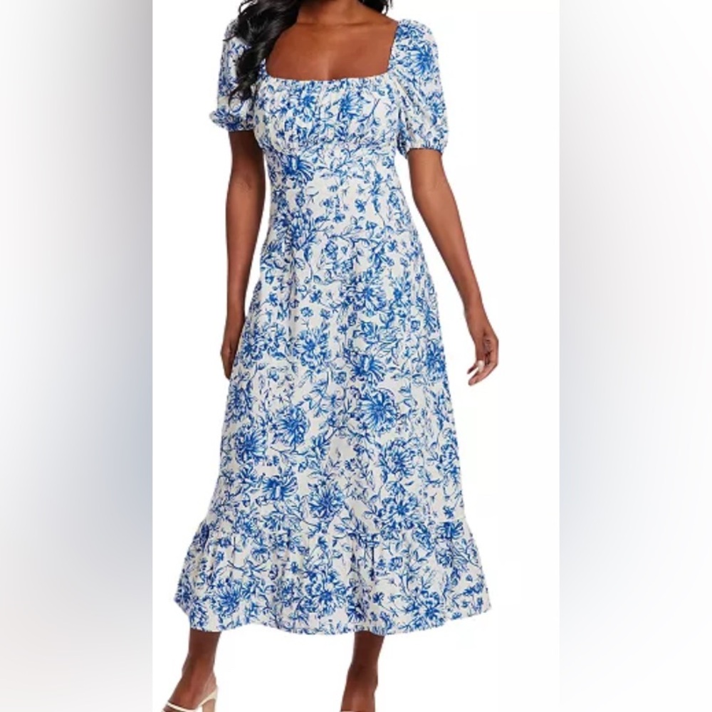 London Times Blue and White Floral Midi Dress